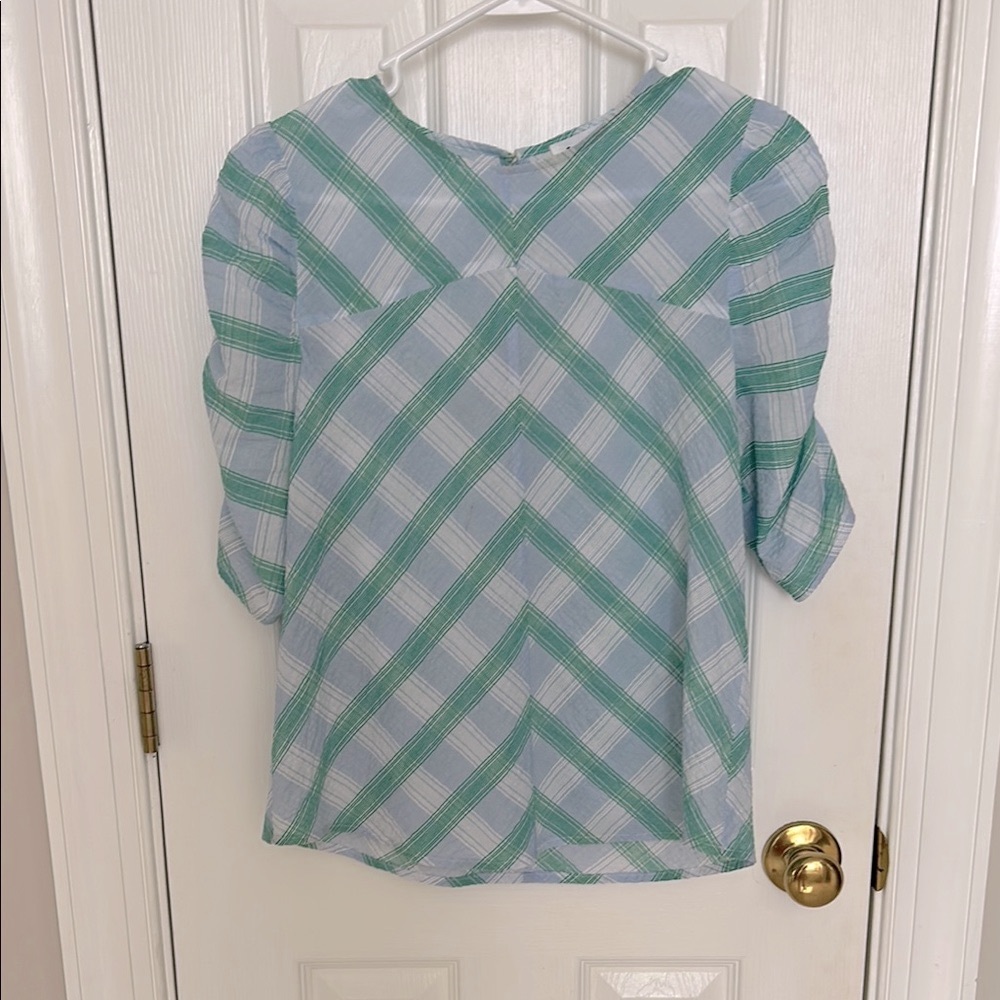 THML White, Green and Light Blue Blouse